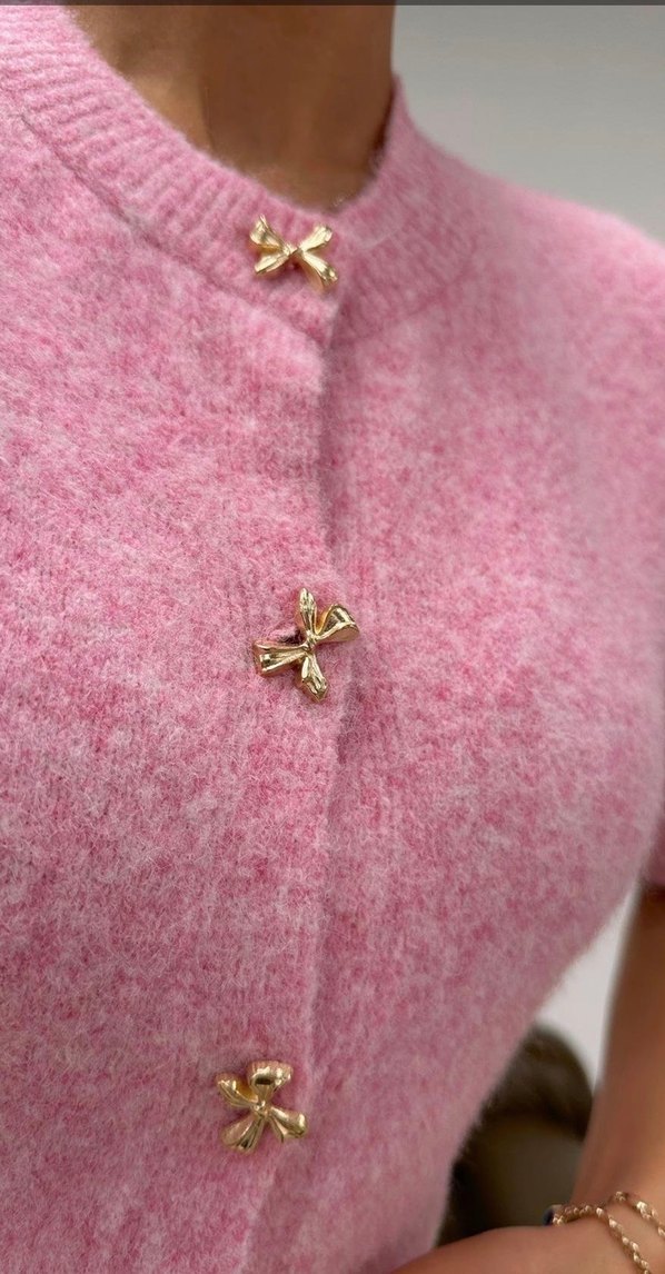 Düğmeli Pembe Kısa Kollu Kadın Hırka - Görsel 2