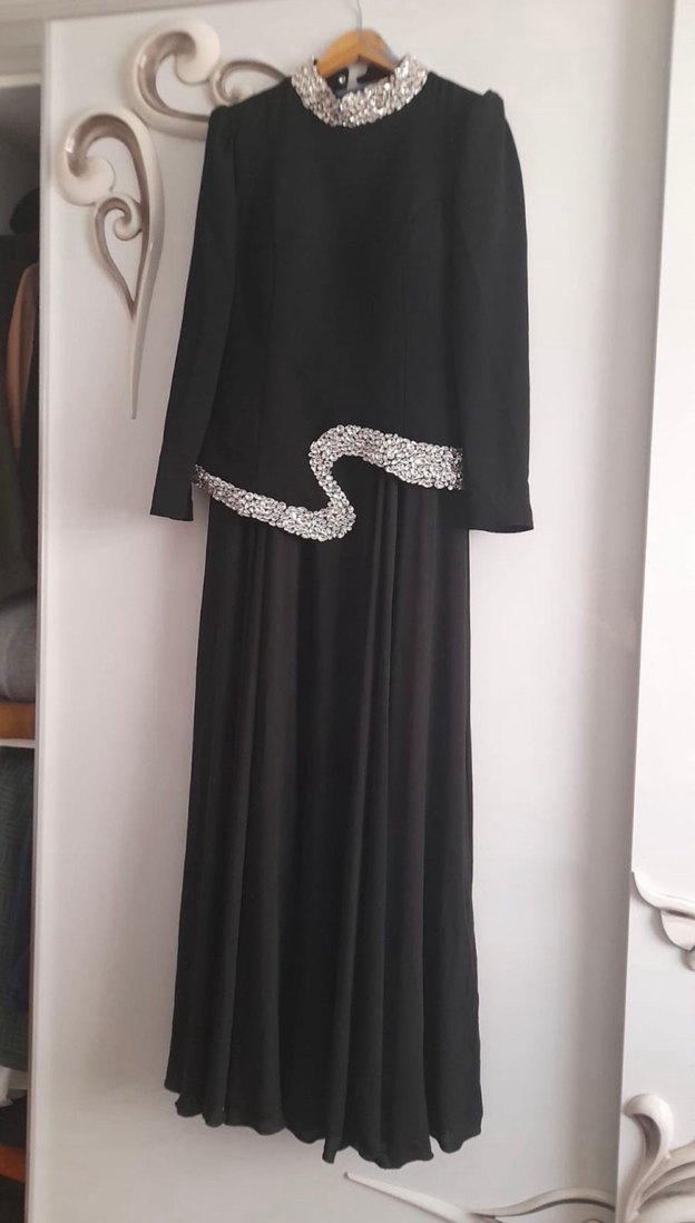 Siyah Nakışlı Uzun Kollu Abiye Elbise Modazehra - Görsel 2