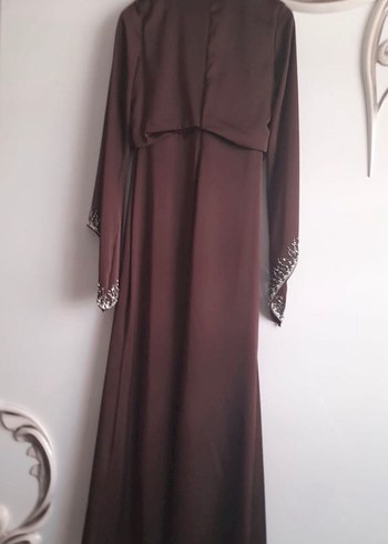 Drapeli Uzun Kol İşlemeli Kahverengi Abiye Elbise - Görsel 3