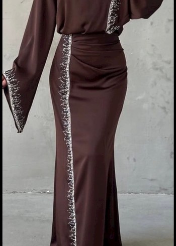 Drapeli Uzun Kol İşlemeli Kahverengi Abiye Elbise - Görsel 2