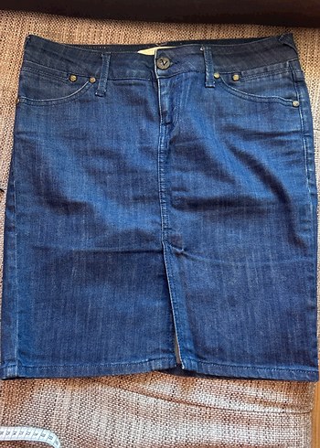 Koyu Mavi Midi Denim Mini Etek