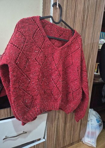 Bordo V Yaka Örgü Kadın Kazak - Görsel 4