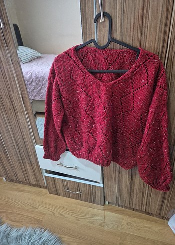 Bordo V Yaka Örgü Kadın Kazak - Görsel 2