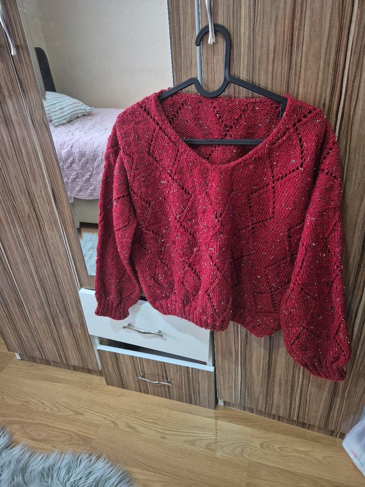 Bordo V Yaka Örgü Kadın Kazak - Görsel 2