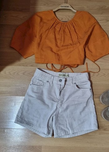 Bej Keten Mini Şort
