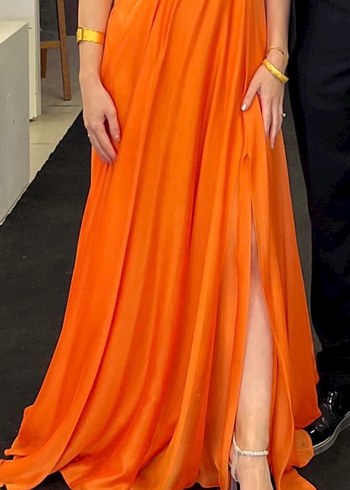 Parlak Turuncu Straplez Uzun Abiye Elbise - Görsel 2