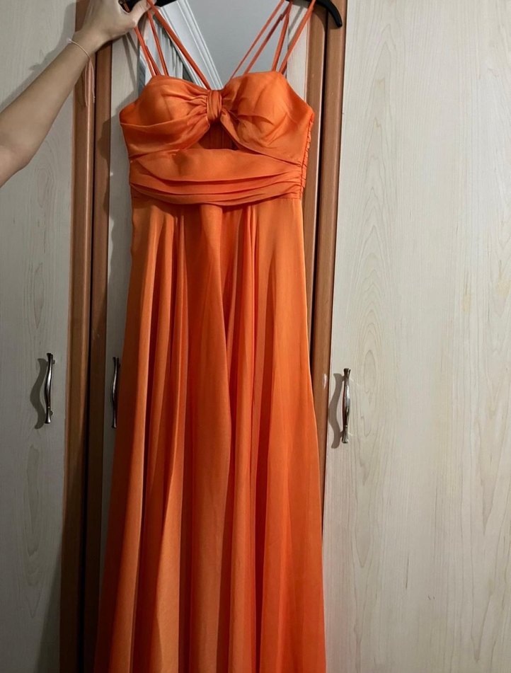 Parlak Turuncu Straplez Uzun Abiye Elbise - Görsel 3