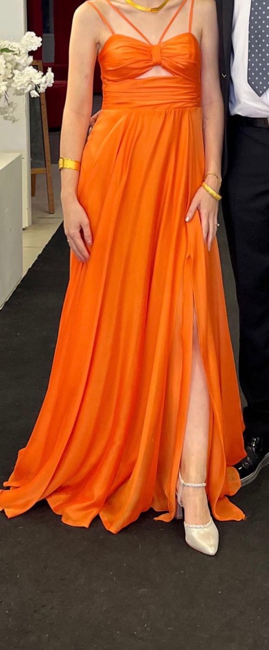 Parlak Turuncu Straplez Uzun Abiye Elbise - Görsel 2