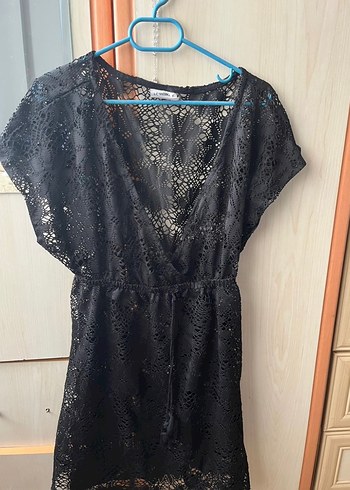 Siyah Dantel Mini Bohem V Yaka Elbise - Görsel 3