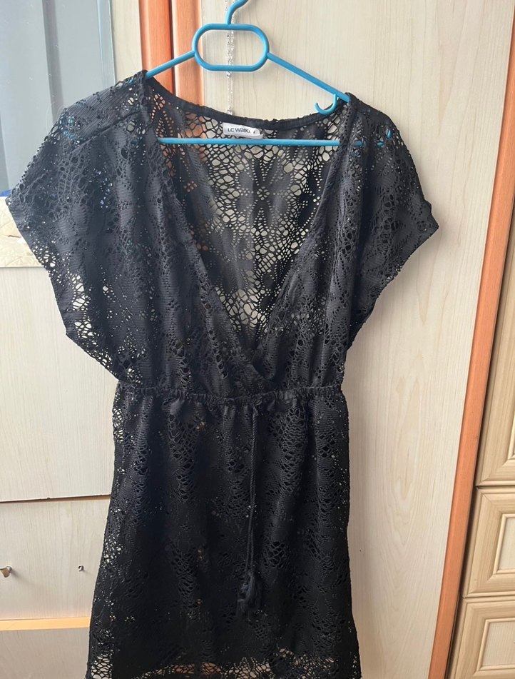 Siyah Dantel Mini Bohem V Yaka Elbise - Görsel 3