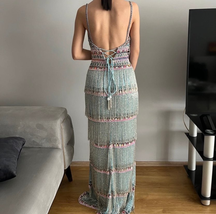 Boncuk Detaylı Çok Renkli Bohem Uzun Elbise - Görsel 2