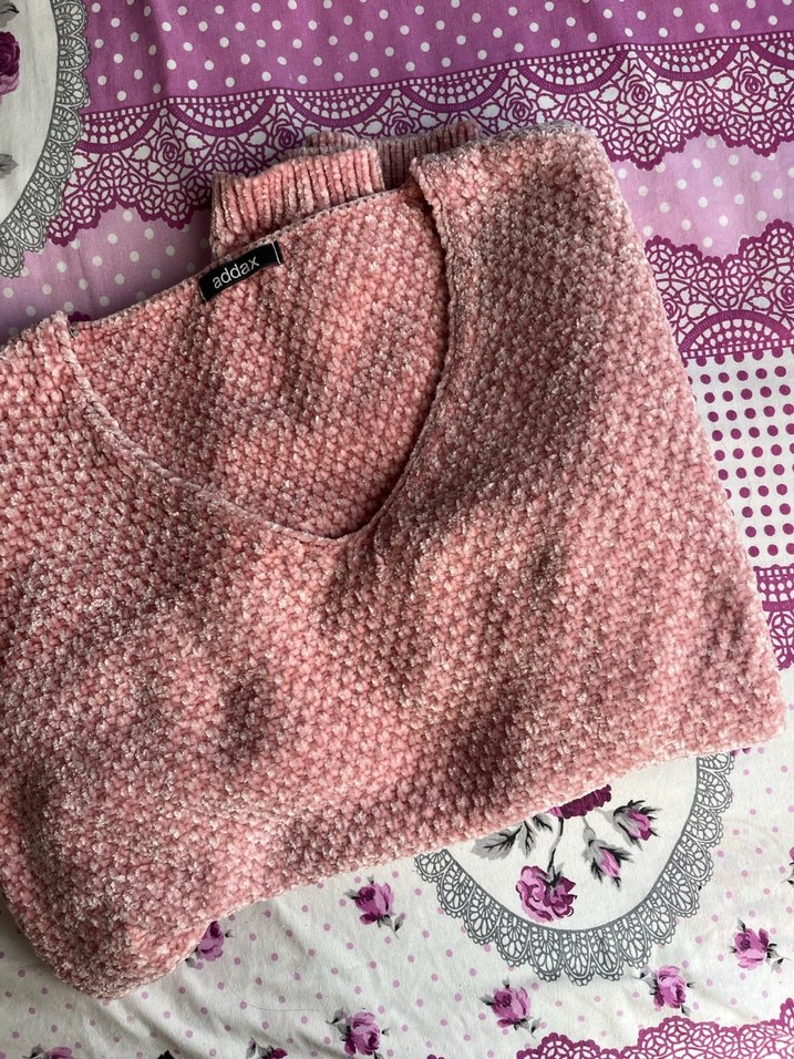 Pembe V Yakalı Örgü Kadın Kazak - Görsel 2