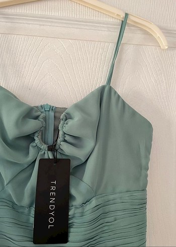 Turkuaz Pilili Midi Kadın Abiye Elbise - Görsel 3