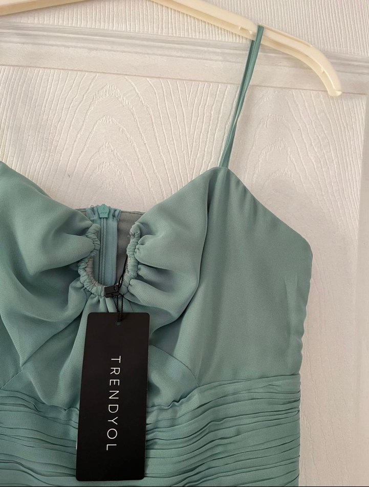 Turkuaz Pilili Midi Kadın Abiye Elbise - Görsel 3