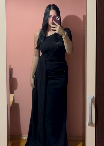 Siyah Uzun Drapeli Kadın Abiye Elbise - Görsel 2