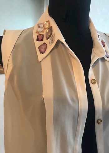 İş için Düğmeli, Nakışlı Bej Kadın Gömlek - Görsel 2