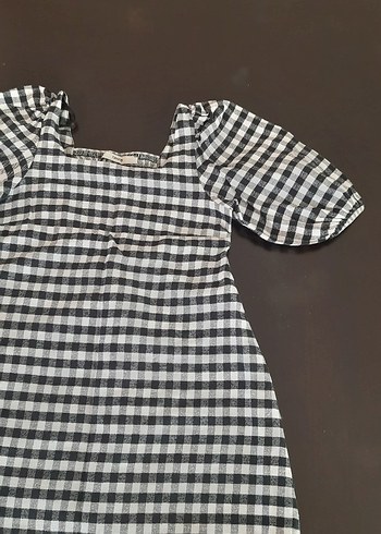7 Yaş Beden Gri Kareli Kız Elbisesi Kısa Kollu