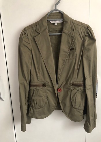 Haki Kadın Keten Ceket, Düğmeli, Normal Boy - Görsel 5