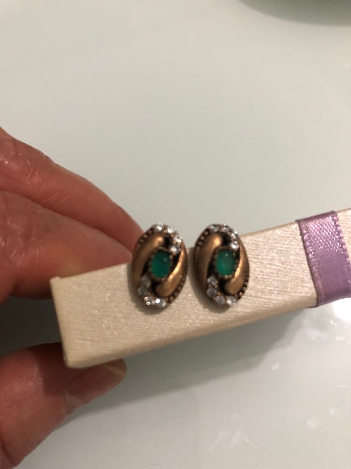 Vintage Mini Yeşil Payetli gümüş küpe - Görsel 3