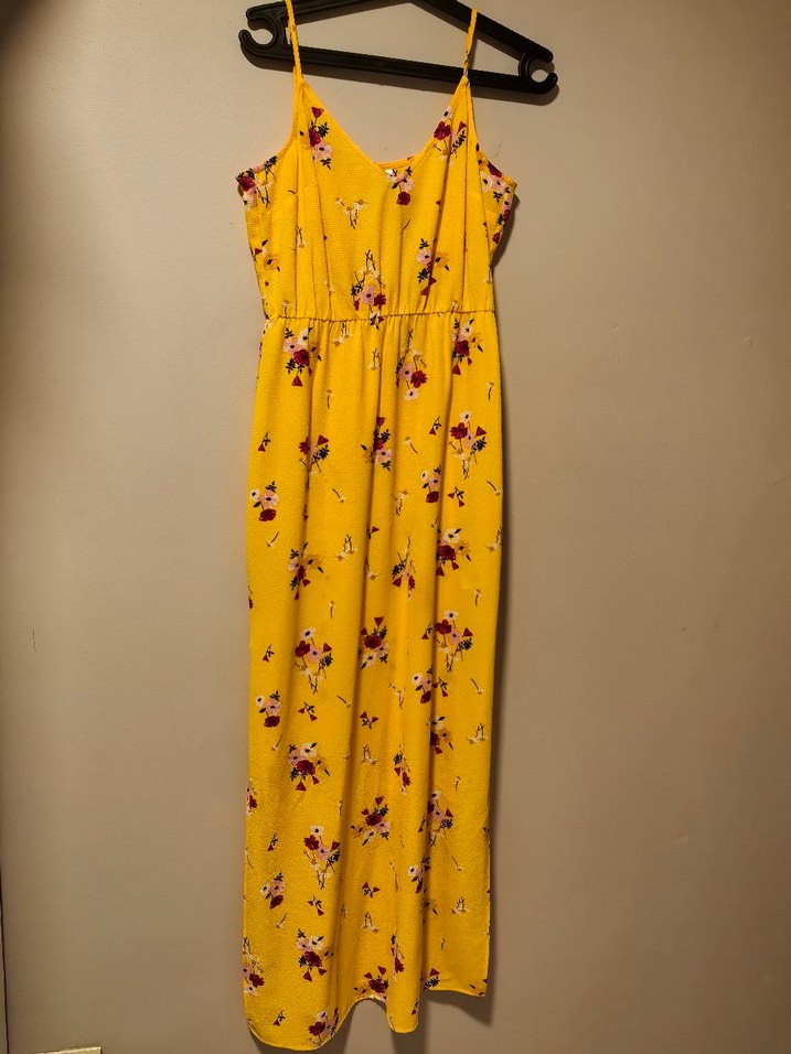 Sarı Çiçekli Uzun Askılı Bohem Elbise - Görsel 2