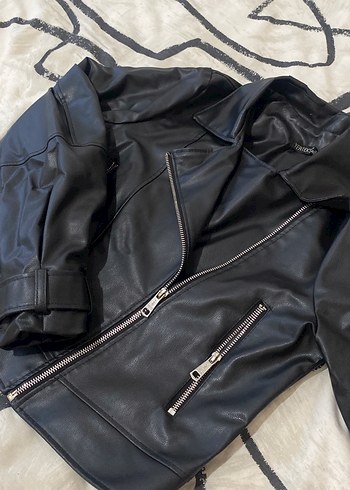 Siyah Deri Biker Ceket Kadın