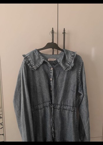 kot Uzun Denim Elbise Düğmeli Yaka Detaylı - Görsel 2