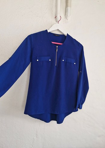 Mavi Fermuarlı Kadın etek üstü gömlek - Görsel 2