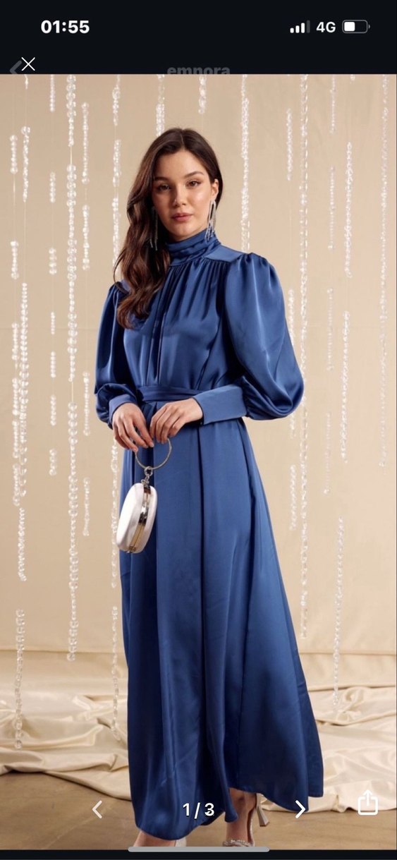 Parlak Lacivert Uzun Saten Elbise - Görsel 2