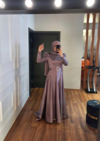 Drapeli Uzun Kollu Tesettür Abiye Elbise - Görsel 2