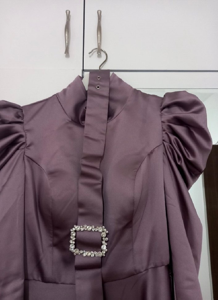 Drapeli Uzun Kollu Tesettür Abiye Elbise - Görsel 5