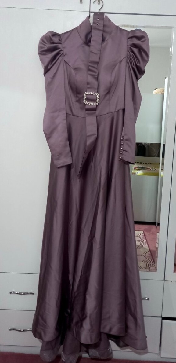 Drapeli Uzun Kollu Tesettür Abiye Elbise - Görsel 3