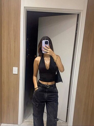 Boyundan baglamalı crop y2k büstiyer bluz
