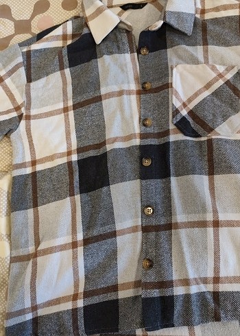 Kadın Gri Kareli Düğmeli Gömlek - Görsel 4