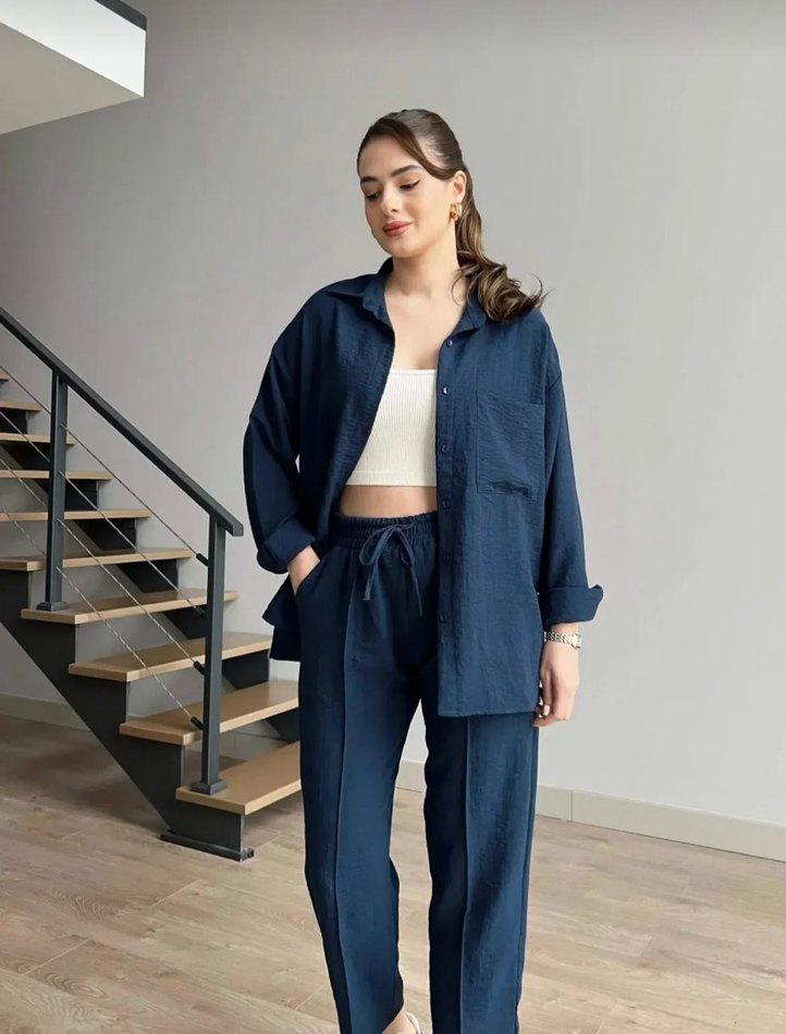 Lacivert Kadın Keten Takım - Görsel 2