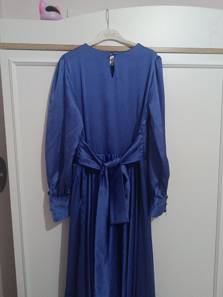 Uzun Kollu Lacivert Kadın Uzun Elbise - Görsel 3