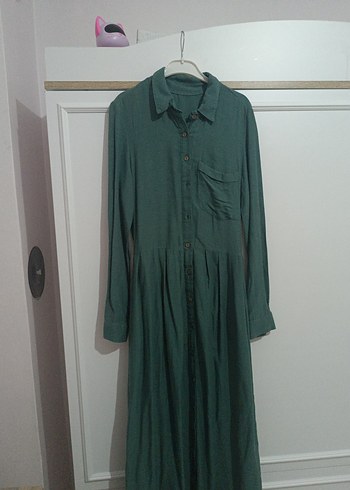 Uzun Kollu Yeşil Keten Elbise - Görsel 2