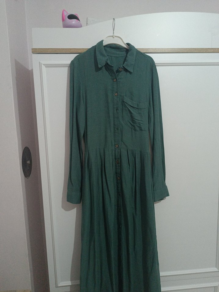 Uzun Kollu Yeşil Keten Elbise - Görsel 2