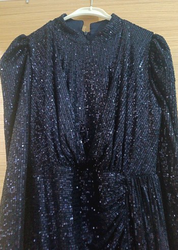 Lacivert Uzun Kollu Drapeli Abiye Elbise - Görsel 3