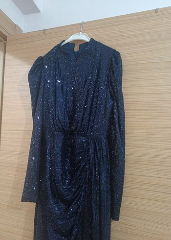 Lacivert Uzun Kollu Drapeli Abiye Elbise - Görsel 2