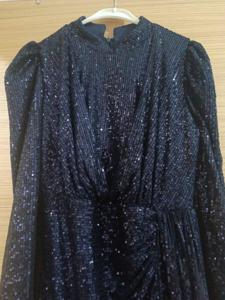 Lacivert Uzun Kollu Drapeli Abiye Elbise - Görsel 3