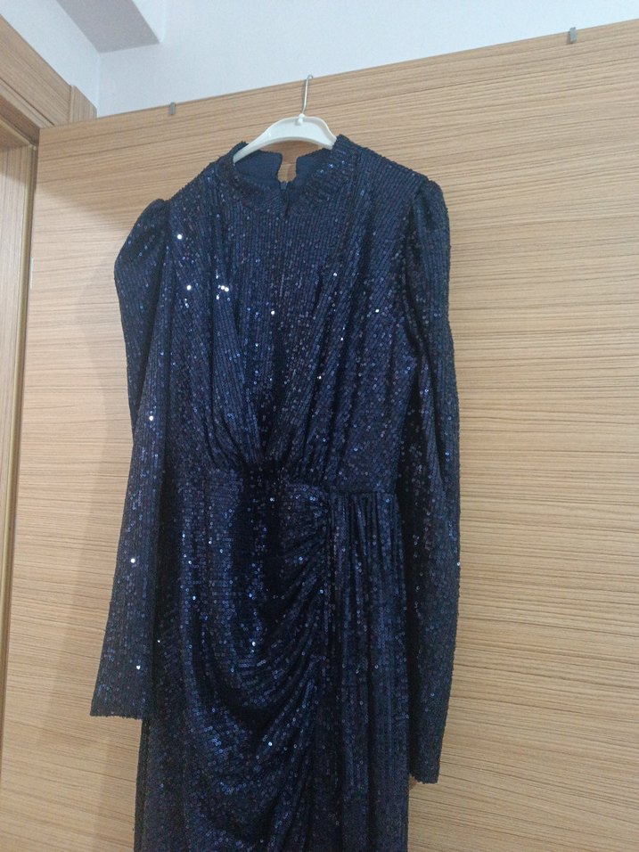 Lacivert Uzun Kollu Drapeli Abiye Elbise - Görsel 2