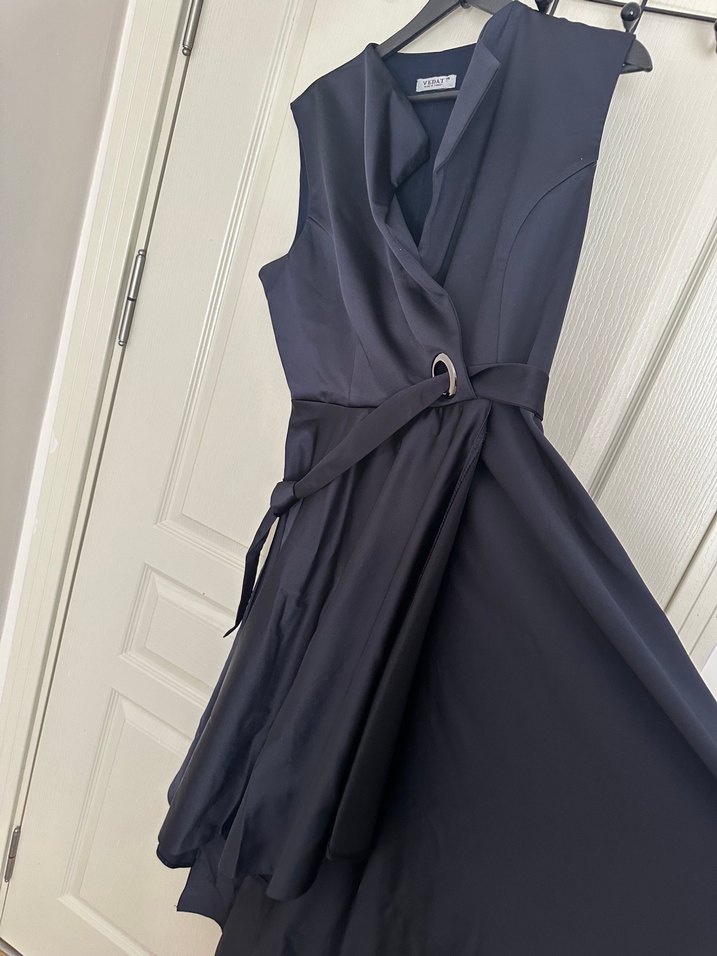 Lacivert Drapeli Kolsuz Uzun Elbise - Görsel 4