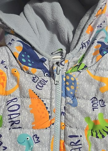 Kapüşonlu Erkek Çocuk Gri Desenli Fermuarlı Mont - Görsel 3