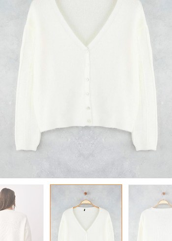 beyaz V Yaka Örgü Kadın Hırka - Görsel 5