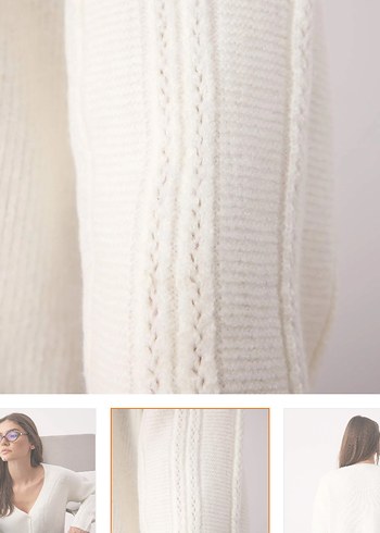 beyaz V Yaka Örgü Kadın Hırka - Görsel 3