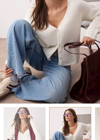 beyaz V Yaka Örgü Kadın Hırka - Görsel 2