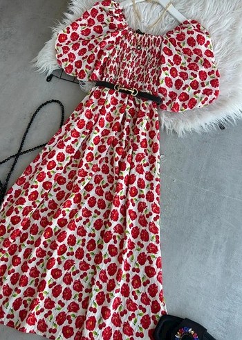 Kırmızı Çiçek Desenli Uzun Bohem Elbise - Görsel 2