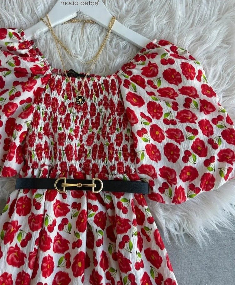 Kırmızı Çiçek Desenli Uzun Bohem Elbise - Görsel 3