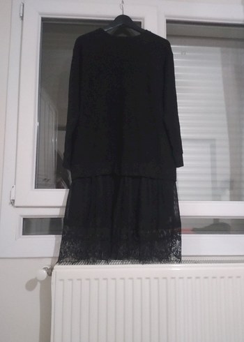 Uzun Kollu Siyah Dantel Detaylı Triko Elbise - Görsel 9