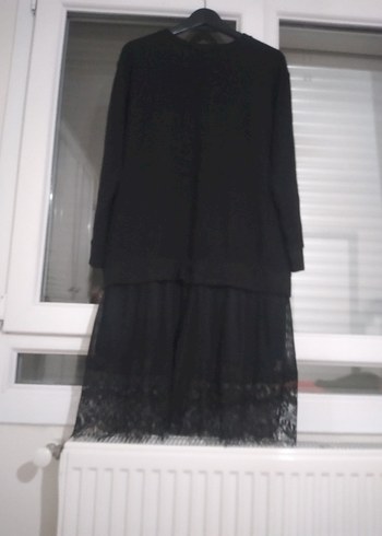 Uzun Kollu Siyah Dantel Detaylı Triko Elbise - Görsel 6